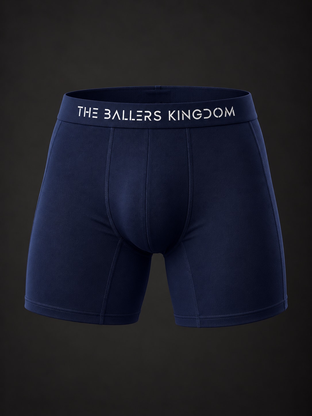 Navy boxer briefs with the stencil wordmark across the waistband. Men’s Athletic Underwear design mockup.