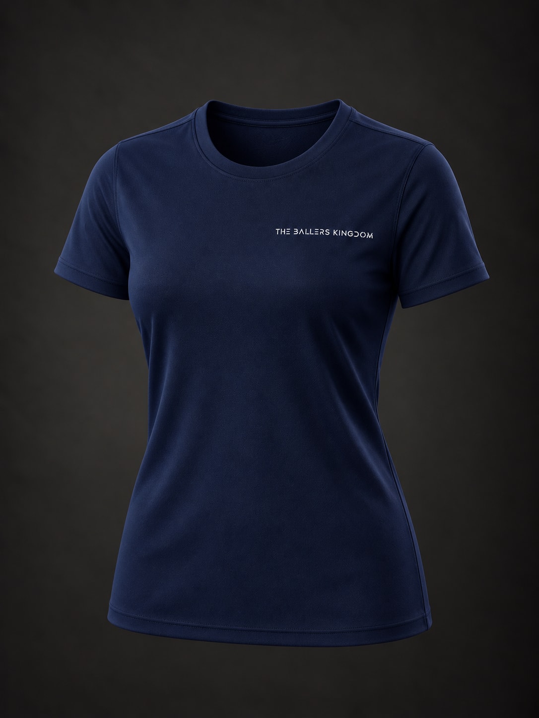 A contoured training tee with a small Ballers Kingdom chest wordmark. Women’s Performance Tee design mockup.