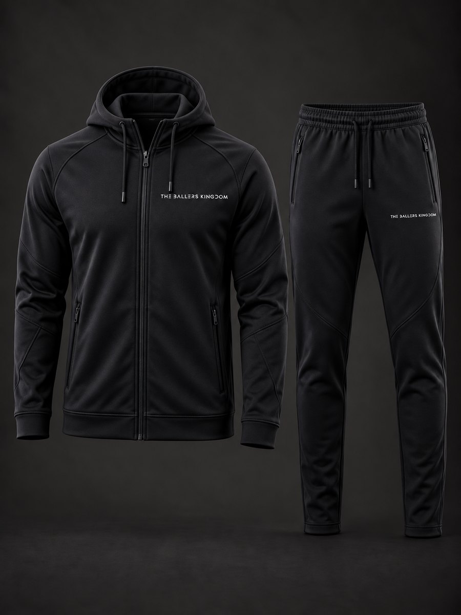 Black Men’s full-zip hooded sweatshirt and matching pants tracksuit concept