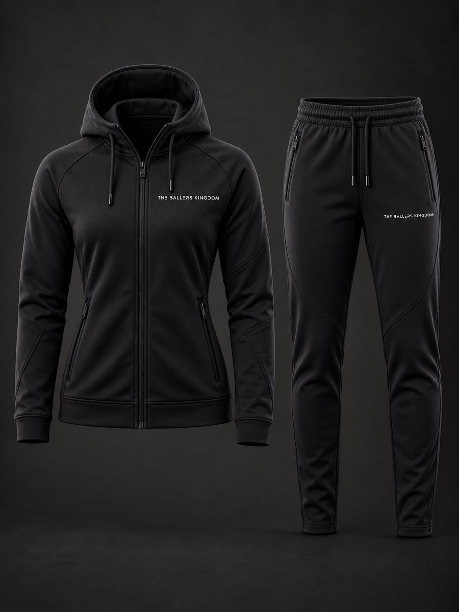Black Women’s full-zip hooded sweatshirt and matching pants tracksuit concept