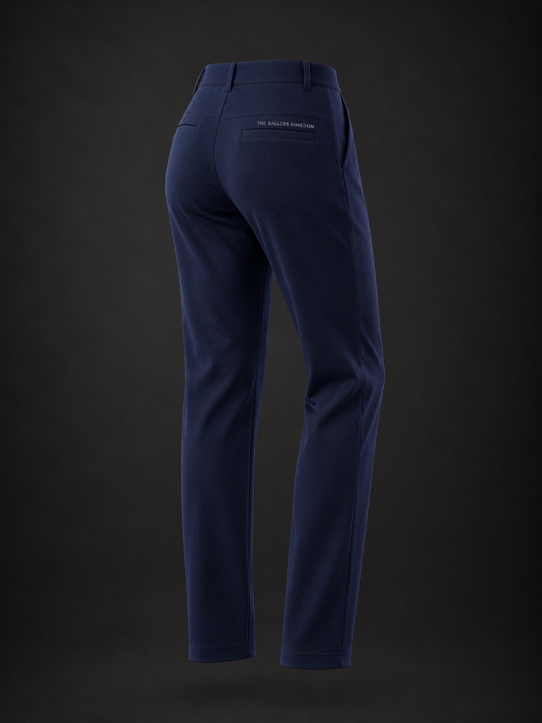 Tailored navy trousers with a discreet rear-pocket wordmark. Women’s Smart Pants design mockup.