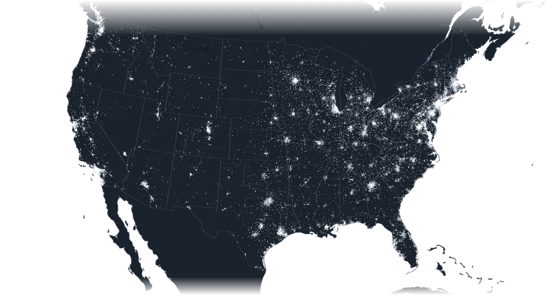 Map of the contiguous United States where each light is a sports program listed on The Ballers Map