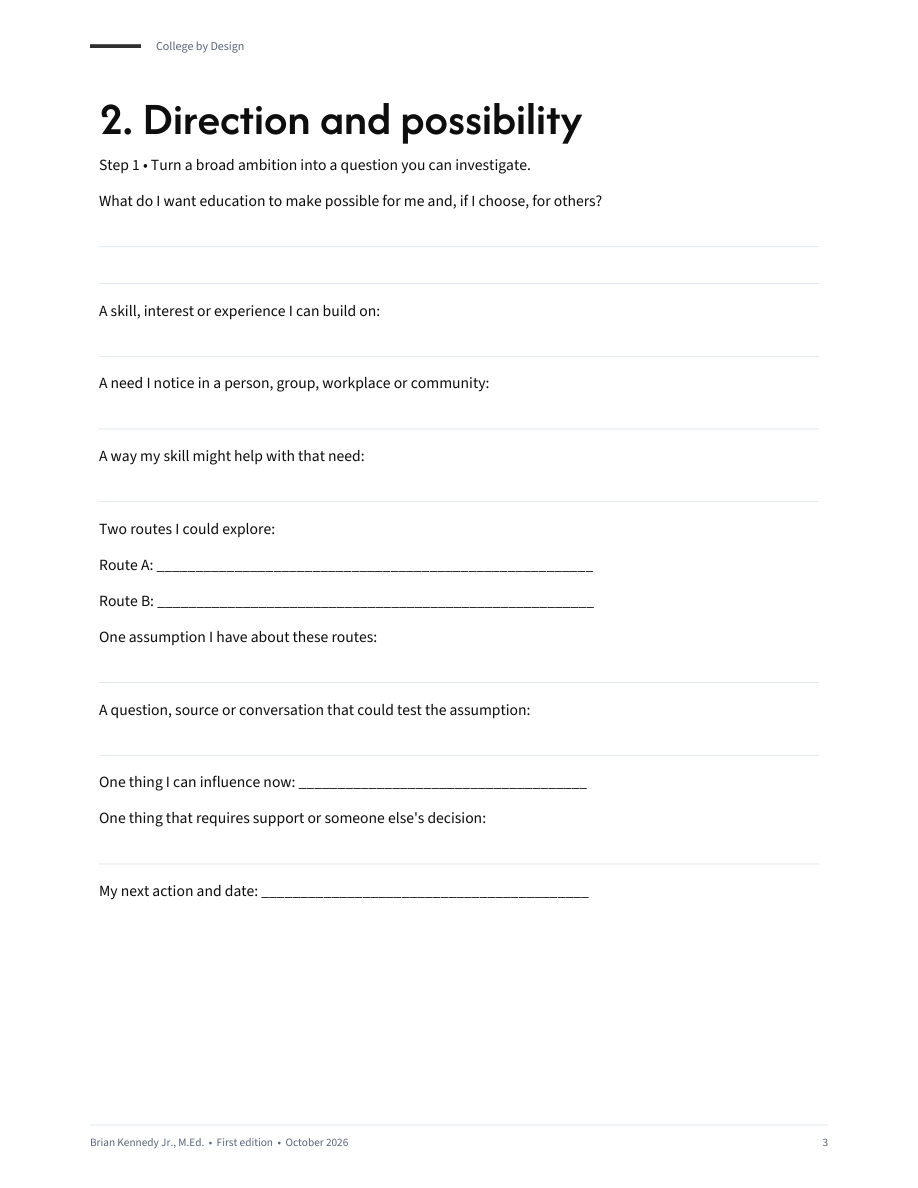Actual direction and possibility worksheet, with prompts for strengths, needs, two possible routes, support and a next action