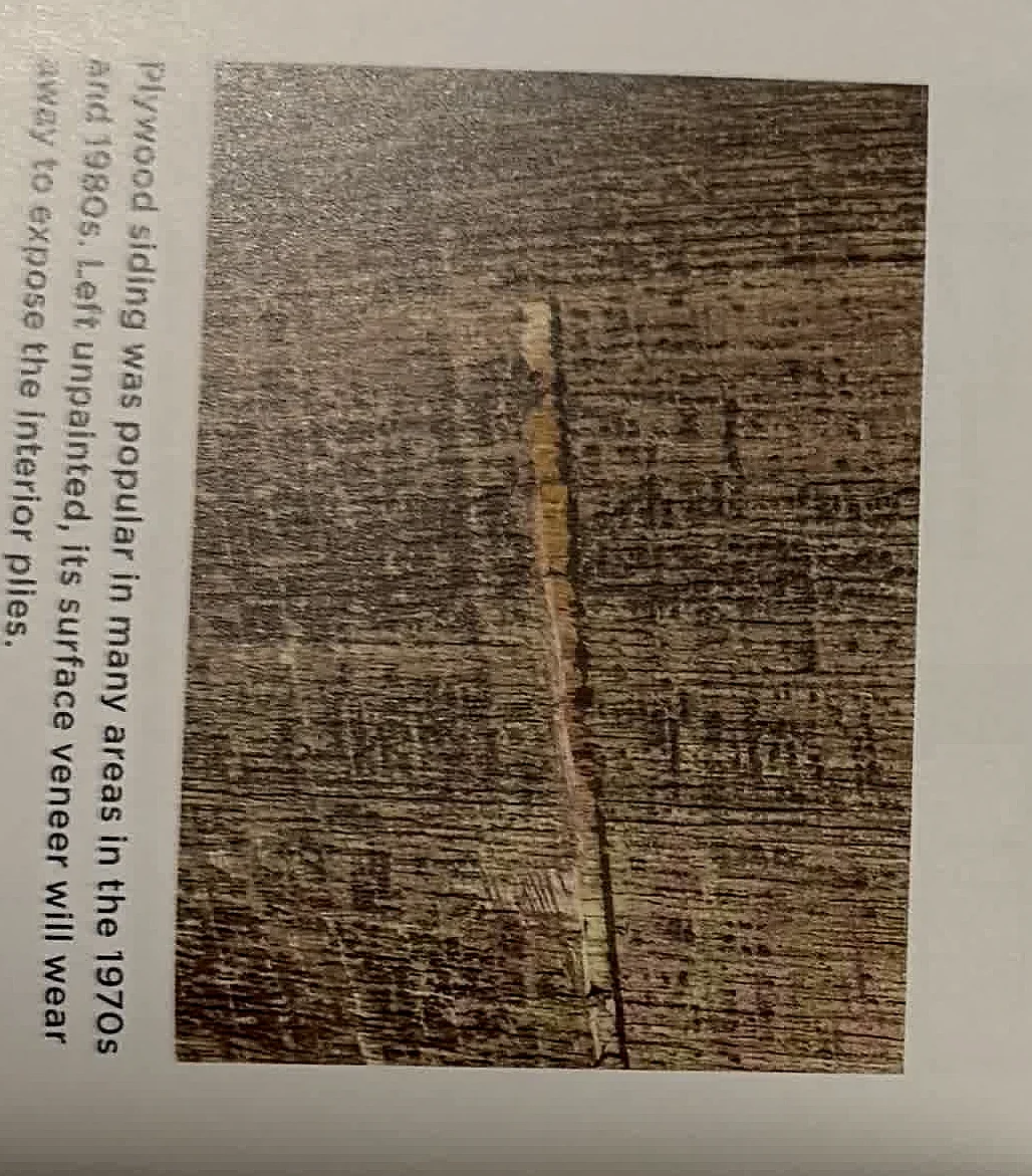 A cropped textbook close-up of deteriorated or weathered wood cladding.