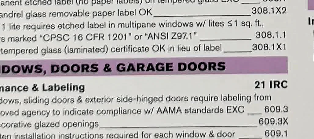A cropped Code Check-style reference block for stair, door, and garage door requirements.