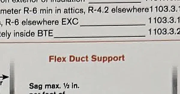 A cropped Code Check-style HVAC reference for flexible duct support and sag limits.